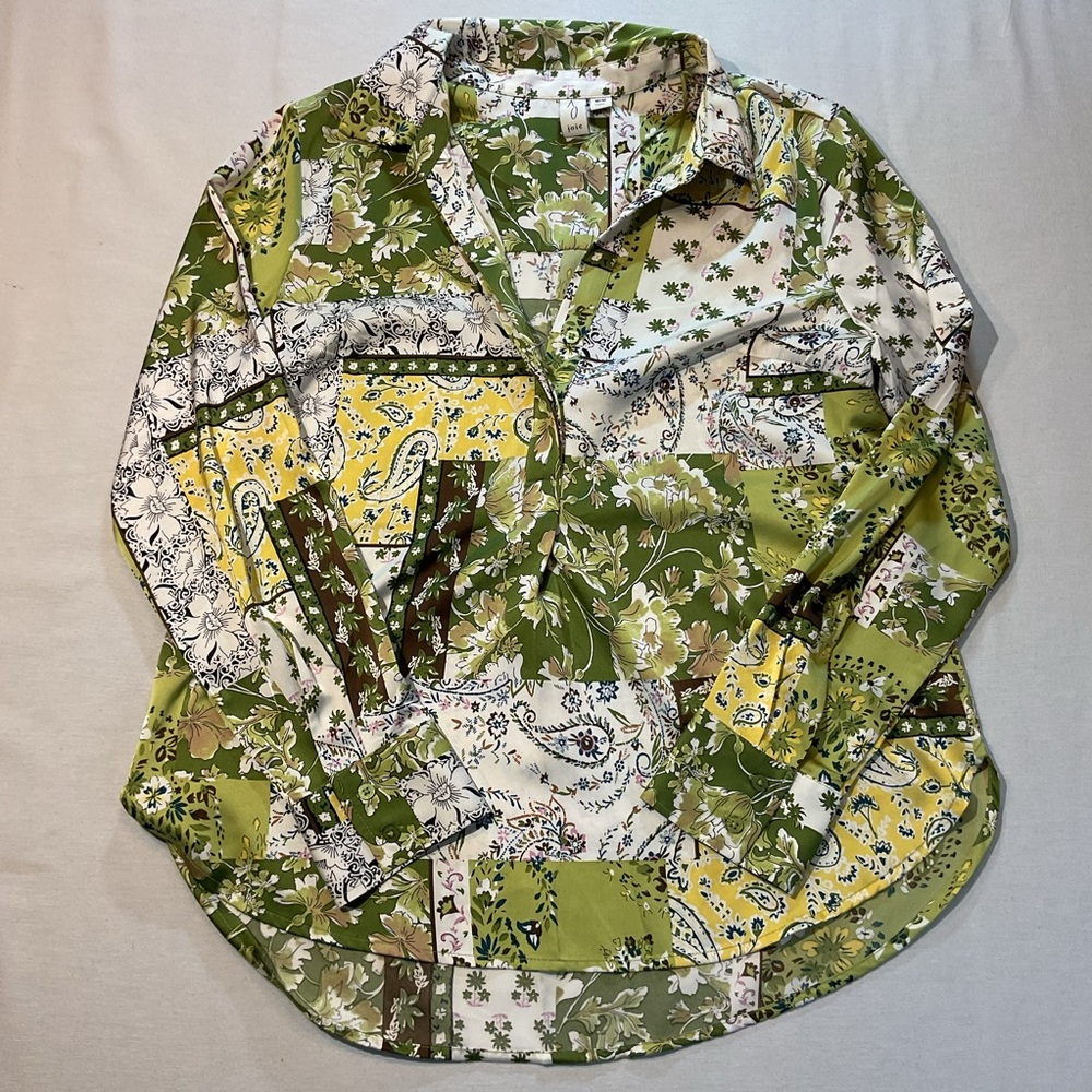 Joie Green/White Eccentric Floral Decign Quarter Button Blouse Size M Retro
